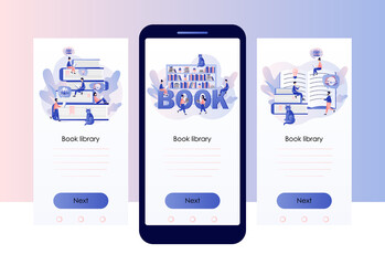 Book library. Literature fans, E-book, media library, learning online.  Tiny people reading books. Screen template for mobile smart phone. Modern flat cartoon style. Vector illustration 