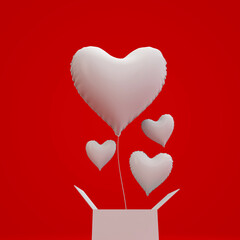 Wall Mural - heart shaped foil balloon surprise gift box. 3D Rendering