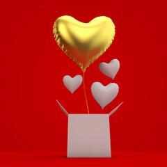 Wall Mural - heart shaped foil balloon surprise gift box. 3D Rendering