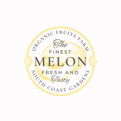 Wall Mural - melon farm round frame badge or logo template. hand drawn fruit with slice sketch with retro typogra