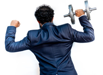 Wall Mural - Strong muslim man holding weights while wearing tuxedo