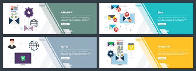 Vector set of vertical web banners with antivirus for protection,  blocking spam, protect of privacy, virus and phishing. Vector banner template for website and mobile app development with icon set.