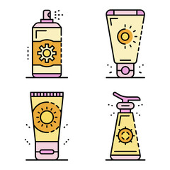 Poster - Sunscreen icon set. Outline set of sunscreen vector icons thin line color flat isolated on white
