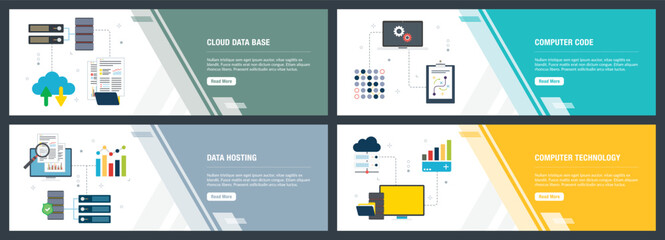 Vector set of vertical web banners with cloud data base, computer code, data hosting and computer technology. Vector banner template for website and mobile app development with icon set.