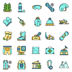 Sticker - Snowboarding equipment icon set. Outline set of snowboarding equipment vector icons thin line color flat isolated on white