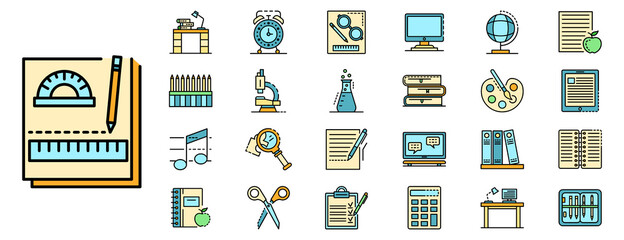 Poster - Homework icon set. Outline set of homework vector icons thin line color flat isolated on white