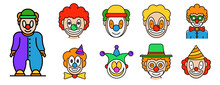 Clown Icons Set. Outline Set Of Clown Vector Icons Thin Line Color Flat Isolated On White