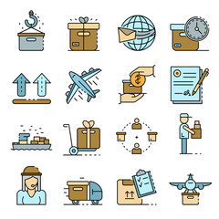 Poster - Parcel delivery icons set. Outline set of parcel delivery vector icons thin line color flat isolated on white