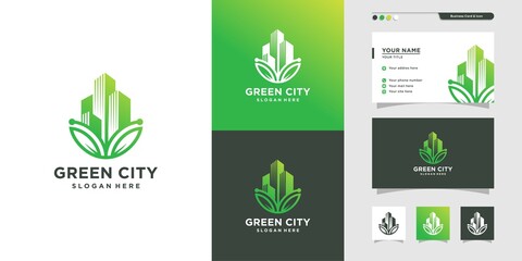 Wall Mural - Green city logo anda business card, icon, health, place, building, Premium Vector