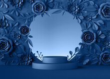 3d Rendering, Blue Floral Background. Round Frame With Paper Flowers, Botanical Arch And Empty Pedestal, Product Showcase.