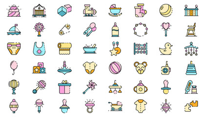 Poster - Baby items icons set. Outline set of baby items vector icons thin line color flat isolated on white
