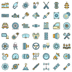 Sticker - Car parts icons set. Outline set of car parts vector icons thin line color flat isolated on white