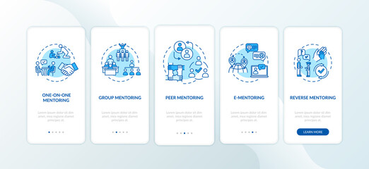 Mentoring peers onboarding mobile app page screen with concepts. Group and peer to peer teaching walkthrough 5 steps graphic instructions. UI vector template with RGB color illustrations