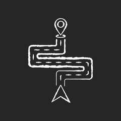 Poster - Route chalk white icon on black background. Modern GPS technology, path finding technology. Road with current location indicator and destination marker isolated vector chalkboard illustration