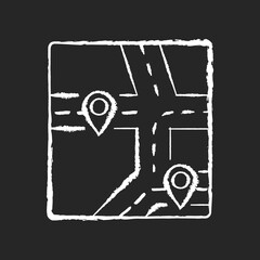 Poster - GPS map chalk white icon on black background. Global positioning system, modern navigation technology. Local district map with roads and location markers isolated vector chalkboard illustration