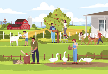 Canvas Print - Local farm production semi flat vector illustration. Ranch activities. People feed geese. Kids play with dog. Man cut wood. Summertime vacation. Farmers 2D cartoon characters for commercial use