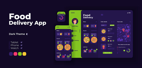 Canvas Print - Food delivery app screen vector adaptive design template. Italian fast food ordering application night mode interface with flat illustrations. Smartphone, tablet, smart watch cartoon UI