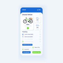 Delivery app smartphone interface vector template. Mobile app page light theme design layout. Vehicles options menu screen. Flat UI for application. Order details customization on phone display