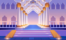 Castle Corridor With Staircase, Columns And Arches. Palace Entrance With Pillars And Illumination. Medieval Building Architecture Design, Empty Ball Room, Hall Interior. Cartoon Vector Illustration