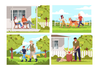 Poster - People relax in village semi flat vector illustration set. Farmer during daytime sit on patio. Children play with dog. Going to fish. Rural lifestyle 2D cartoon characters for commercial use