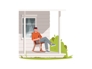 Canvas Print - Man sit in armchair on patio semi flat RGB color vector illustration. Rural lifestyle, summer recreation in village. Farmer on porch relax in chair isolated cartoon character on white background