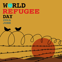 Hand Drawn Vector Of  Refugee Camp From Behind The Barbed Wire Fence In Empty Day Sunset . With 2 Birds On The Fence For World Refugee Day On 20th June .