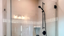 Panorama Shower Stall With Half Glass Enclosure And Black Shower Head And Handle