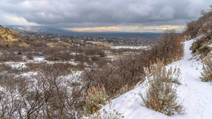 Canvas Print - Panorama Snowy Provo Canyon mountain in winter overlooking the valley and overcast sky