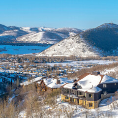 Canvas Print - Square Picturesque Park City Utah winter landscape with snowy homes and frosted hills