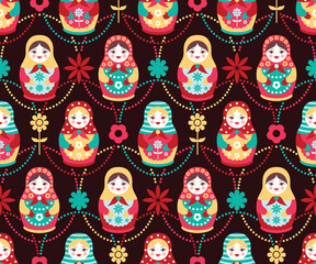 Wall Mural - Folk seamless pattern with Russian dolls and flowers. Matryoshka colorful background