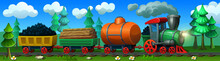 
Freight Train With A Railway Tank And Freight Wagons. A Steam Locomotive Carry Coal, Oil And Wooden Beams.
Vector Locomotive In The Forest.