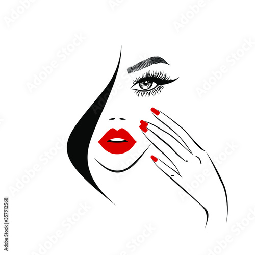 Fotomural Beauty logo, beautiful woman face, sexy red lips, eyelash extensions, fashion woman, hand with red manicure nails, hair salon sign, icon
