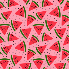 Wall Mural - Watermelon seamless pattern. Hand drawn fresh berry slice. Vector sketch background. Red and green print for kitchen tablecloth, curtain or dishcloth. Fashion design