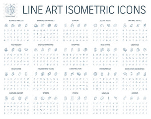 Vector illustration of isometric line art icons for business, bank, social media market, logistics, technology, shop, education, sport, healthcare, construction. 3d technical drawing. Editable stroke.