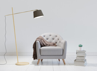 Poster - Living room interior with grey armchair, wooden floor lamp and pile of books. White interior with a white wall background. 3D render. 3D illustration.