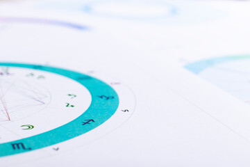 Wall Mural - The desktop of an astrologer. The magical mysterious atmosphere of the working environment of the predictor of the future. Printouts of astrological charts and tables scattered across the table.
