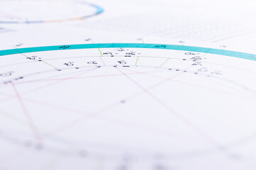 Wall Mural - The desktop of an astrologer. The magical mysterious atmosphere of the working environment of the predictor of the future. Printouts of astrological charts and tables scattered across the table.
