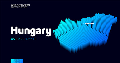 Wall Mural - isometric map of hungary with blue hexagon lines