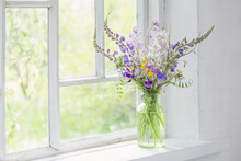 Wild Flowers In Vase On White Windowsill