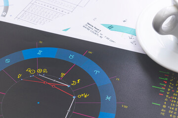 Wall Mural - The desktop of an astrologer. The magical mysterious atmosphere of the working environment of the predictor of the future. Printouts of astrological charts and tables scattered across the table.
