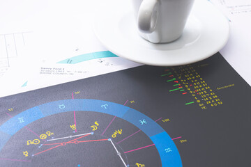 Wall Mural - The desktop of an astrologer. The magical mysterious atmosphere of the working environment of the predictor of the future. Printouts of astrological charts and tables scattered across the table.