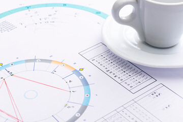 Wall Mural - The desktop of an astrologer. The magical mysterious atmosphere of the working environment of the predictor of the future. Printouts of astrological charts and tables scattered across the table.