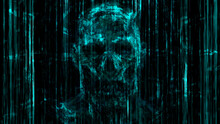 Scary Blue Neon Skull Abstraction From Debris And Vertical Lines.