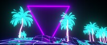 Glowing Neon Palms And Purple Triangle Reflecting On A Blue Wireframe Mountain Against Black Sky. Scene In A Cyberpunk Style. 3D Illustration. Futuristic Wallpaper In Style Of 80's.