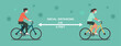man and woman cycling together and maintain social distancing to prevent virus spreading, outdoor activity, vector flat illustration