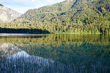 tranquil lake reflection landscape wood sky