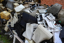 Old Office Equipment. Electronic Waste Devices Consist Of A Monitor, Printer, Desktop Computer And Fax For Reuse. Plastic, Copper, Glass Can Be Reused, Recycled Or Recycled