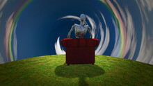 Surreal Scene. Rusted Alien Robot Sits In Red Armchair Before Tunnel Of Clouds. 3D Rendering
