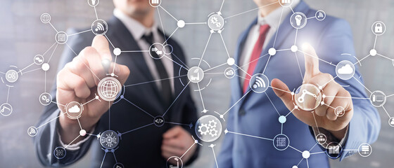 Wall Mural - technology industrial business process workflow organisation structure on virtual screen. iot smart 