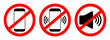 Phone off icon. Sign of mobile ban. Forbidden use cellphone, sound. Stop call symbol in smartphone. Zone of mute telephone. Switch on quiet. Strikethrough device in cinema and danger area. Vector